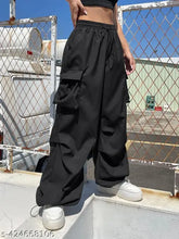 Black polyester women's loose fit high waist cargo pants, ideal for casual outings and adventures